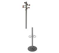 OFITURIA® Perchero de Pie con Paraguero Colgador de Ropa Metálico Color Plata con 8 Colgadores de Madera de Haya Tubo en 2 Piezas