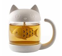 OFKPO Taza de Té de Cristal del Gato, Taza de Agua Bottle con Infusor de Té en Forma de Pez, Café Botella de Agua, 250 ML, Amantes de los Gatos