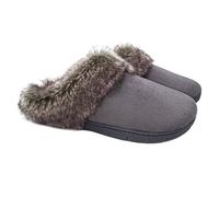 ofoot, mocasín de espuma viscoelástica cálido y cómodo para mujer, pantuflas de gamuza para casa, zapatos de interior, suela de goma antideslizante con cuello de piel sintética (Gris, 37/38 EU)