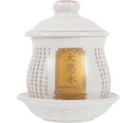 Ofreciendo copa de agua de cerámica con bandeja y tapa, exquisita taza de adoración budista para altar, suministros de templo tibetano, tazón de agua bendita para la decoración del hogar y el templo