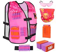 OFUN Kit chaleco táctico para niños niñas, accesorios nerf con máscara bandana táctica, clip carga, gafas, muñequera y 80 dardos carga, rosa