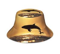 OFYGJFB Gorro de invierno para mujeres y hombres, diseño personalizado único, cálido y elegante, gorro azul océano, Momento dorado retroiluminado, delfines saltando, M-L