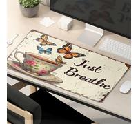 OGBD The Mouse Pad - Divertida taza de té floral con mariposas y texto "Just Breathe Text". Alfombrilla de ratón para gatos, accesorios de escritorio