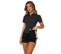 OGBK Blusa de verano de manga corta para mujer, elegante, monocolor, corte regular, parte superior, blusa ligera con botones, parte superior básica, blusa informal de negocios, Black-b1, XL