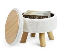 OGEMXU Taburete otomano pequeño redondo con espacio de almacenamiento, reposapiés de terciopelo Bouclé Teddy con patas de madera, taburete suave con espacio de almacenamiento para salón, dormitorio