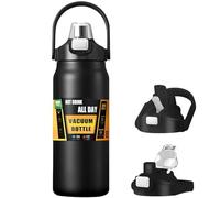 Ogetok Botella de Agua Aislada con Pajita 2 en 1, Botella para Bebidas Deportivas de Acero Inoxidable de 1,5 L/50 oz, Matraz Térmico al Vacío de Metal Grande a Prueba de Fugas, Doble Pared, Negro