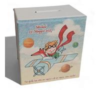 oggettando, Hucha de ecopiel blanca con pequeño príncipe personalizable, bombonera bautizo, comunión, confirmación, regalos útiles, original, económica (Picc. Principe avión SF col. PERS)