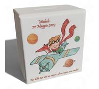 oggettando, Hucha de ecopiel blanca con pequeño príncipe personalizable, bombonera bautizo, comunión, confirmación, regalos útiles, original, económica (Picc. Principe avión SF blanco PERS.)