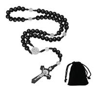 OGLYMRA Rosario católico con bolsa de franela, collar para hombre y mujer, San Benito de madera de olivo, católico con medalla, hecho a mano en Jerusalén, color negro.