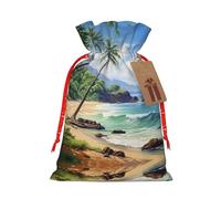 Ogniwo Bolsa de regalo con cordón, decoraciones de regalos para suministros de fiesta de Navidad, bolsas de regalo reutilizables de Xman, playa hawaiana con estampado de palmeras