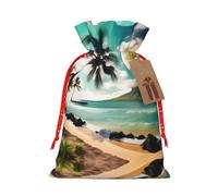 Ogniwo Bolsa de regalo con cordón, decoraciones de regalos para suministros de fiesta de Navidad, bolsas de regalo reutilizables de Xman, estampado tropical de palmeras de playa