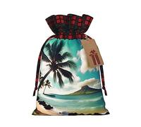 Ogniwo Bolsa de regalo con cordón, decoraciones de regalos para suministros de fiesta de Navidad, bolsas de regalo reutilizables de Xman, estampado tropical de palmeras de playa