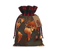Ogniwo Bolsa de regalo con cordón, decoraciones de regalos para suministros de fiesta de Navidad, bolsas de regalo reutilizables de Xman, impresión de mapa del mundo de óxido