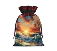 Ogniwo Bolsa de regalo con cordón, decoraciones de regalos para suministros de fiesta de Navidad, bolsas de regalo reutilizables de Xman, estampado de paisaje de atardecer en el océano
