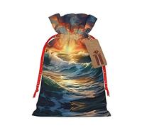 Ogniwo Bolsa de regalo con cordón, decoraciones de regalos para suministros de fiesta de Navidad, bolsas de regalo reutilizables de Xman, estampado de paisaje de atardecer en el océano