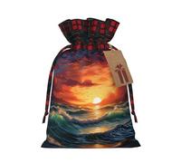 Ogniwo Bolsa de regalo con cordón, decoraciones de regalos para suministros de fiesta de Navidad, bolsas de regalo reutilizables de Xman, estampado de paisaje de atardecer en el océano