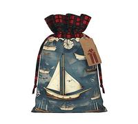 Ogniwo Bolsa de regalo con cordón, decoraciones de regalos para suministros de fiesta de Navidad, bolsas de regalo reutilizables de Xman, impresión náutica de mapa de velero