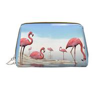 OGNOT Bolsa de aseo para guitarra, organizador de viaje para hombres y mujeres, bolsa de maquillaje de cuero ligero, bolsa de cosméticos grande, Bandada de flamencos rosados en la playa, Talla única