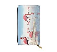 OGNOT Cartera de cuero de gran capacidad Pekinés, tarjetero para mujer, cartera de cuero para hombres y mujeres, Bandada de flamencos rosados en la playa, Talla única, Classic