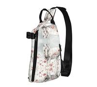 OGNOT Mochila cruzada con diseño de caballo blanco rodeado de flores impresas para hombres y mujeres, para caminar al aire libre, viajes, Negro -, Talla única