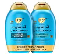 OGX Set Renewing + Argan Oil of Morocco Shampoo y Conditioner, set de champú y acondicionador con Aceite de argán, pack reparador para el cabello seco y dañado, tensioactivos sin sulfatos, 2x385 ml