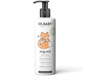 Oh, Baby! Leche corporal orgánica y vegana para la piel sensible del bebé I leche corporal enriquecida con pre- y probióticos | cuida intensamente I con agua termal, cera de carnauba y aceite de