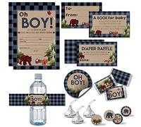 ¡Oh Boy! Outdoorsy Blue and Black Plaid Lumberjack Boy Baby Shower Party Bundle Incluye 20 invitaciones con sobres + 4 tamaños diferentes de calcomanías decorativas, boletos de pañales y tarjetas para