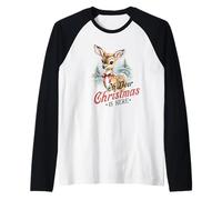 Oh Deer Christmas is Here, Lindo Animal de bambú Vintage de Invierno Camiseta Manga Raglan