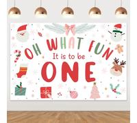 Oh What Fun It is to Be One - Telón de fondo de Navidad, decoración de primer cumpleaños, muñeco de nieve rosa, árbol de Papá Noel, ciervo, lazo para fotografía, tela de fondo para niña, invierno,