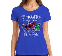 Oh What Fun Tis to Ride Navidad Caballo Reno Buffalo Plaid - Camiseta para mujer, azul, 3XL