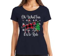 Oh What Fun Tis to Ride Navidad Caballo Reno Buffalo Plaid - Camiseta para mujer, azul marino, XXL