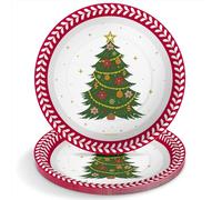 OH YEAH - 6 Unidades - Plato Cartón Desechable Navidad Abeto - Ø 23 cm - Platos, Vasos, Servilletas y Mantel - Decoración Mesa Navideña - Diseño de Abetos con Adornos - Celebraciones de Navidad