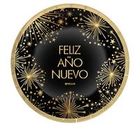 OH YEAH - 6 Unidades - Platos Cartón Desechable Nochevieja Feliz Año Nuevo - Ø 23 cm - Decoración Mesa Fin de Año - Diseño con Estrellas Brillantes - Fiesta Fin de Año y Navidad Elegante