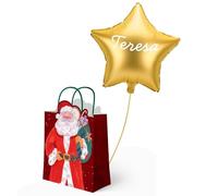 OH YEAH - Bolsa Regalo Navidad Papá Noel + Globo Foil Estrella PERSONALIZADO - 30 x 10 x 42 cm - Bolsas Papel con Asas - Envoltorio Navideño Reutilizable - Diseño Único Santa Claus - ELIGE TU NOMBRE
