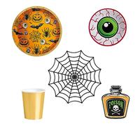 OH YEAH - Decoración Clásica de Mesa para Halloween - Pack 6 Personas - Temática Calabaza - Accesorios Fiesta - Platos, Vasos, Servilletas y Mantel Telaraña - Fácil Montaje