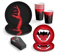 OH YEAH - Decoración Halloween Vampiros Mesa - Pack 6 Personas - Temática Día de los muertos Infantil y Adulto - Accesorios Fiesta Terror - Platos + Vasos + Servilletas - FÁCIL MONTAJE