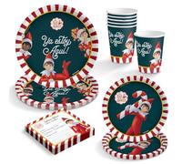 OH YEAH - Kit 6 personas Vajilla desechable de cartón Temática Elfo Travieso - 48 Piezas - The Elf on the Shelf - Decoración Mesa Navideña - Fiesta Navidad Elfos traviesos - YA ESTOY AQUÍ!