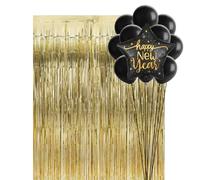 OH YEAH - Kit Decorativo Happy New Year - 13 piezas - Globo Foil 91 cm + 2 Cortina Oro + 10 Globo Látex Negro - Para Fiestas, Eventos, Hogar, Celebraciones Fin de Año y Año Nuevo - DISEÑO ÚNICO