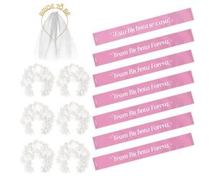 OH YEAH - Kit Despedida de Soltera Novia y Amigas - Bandas y Diademas - Accesorios Despedida Soltera - Team Bride - Diadema Bride To Be con Velo - Diademas Flores Blancas (Rosa, Novia + 6 amigas)