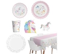 OH YEAH - Kit Vajilla Desechable 12 Personas Fiesta Unicornios Mágicos - 82 piezas - Platos, Vasos, Servilletas y Mantel - Decoración Mesa Cumpleaños Infantil - Celebraciones y Fiestas Temáticas