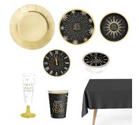 OH YEAH - Kit Vajilla Desechable 12 Personas Nochevieja - 84 Piezas - Negro y Oro - Platos, Vasos y Servilletas Fin de Año - Decoración Mesa Festivas Happy New Year - Detalles Dorados Metalizados