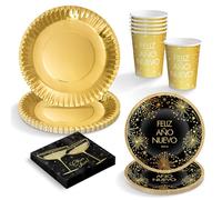 OH YEAH - Kit Vajilla Desechable 6 Personas Nochevieja - 54 Piezas - Negro y Oro - Platos, Vasos y Servilletas Fin de Año - Decoración Mesa Festivas Happy New Year - Detalles Dorados Metalizados