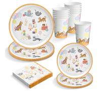 OH YEAH - Kit Vajilla Desechable Gatitos Fiesta de Cumpleaños 6 Personas - 42 Piezas - Platos, Vasos, y Servilletas Desechables - Decoración Vajilla Cumpleaños Infantil Temático - Kit Mesa