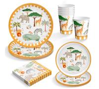 OH YEAH - Kit Vajilla Desechable Safari Fiesta de Cumpleaños 6 Personas - 42 Piezas - Platos, Vasos, y Servilletas Desechables - Decoración Vajilla Cumpleaños Infantil Temático - Kit Mesa