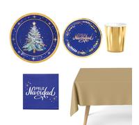 OH YEAH - Kit Vajilla Navidad 12 Personas Azul Noche - 72 Piezas - Platos, Vasos, y Servilletas Desechables - Temática Navideña - Cenas Navideñas, Reuniones Familiares y Fiestas de Fin de Año