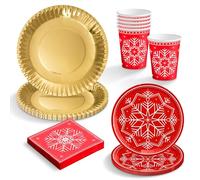 OH YEAH - Kit Vajilla Navidad 6 Personas Copo Nieve Rojo - 52 Piezas - Platos, Vasos, y Servilletas Desechables - Temática Navideña - Cenas Navideñas, Reuniones Familiares y Fiestas de Fin de Año