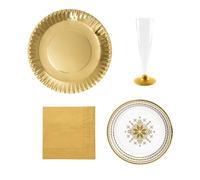 OH YEAH - Kit Vajilla Navidad 6 Personas Jacquard Oro - 56 Piezas - Platos, Vasos, y Servilletas Desechables - Temática Navideña - Cenas Navideñas, Reuniones Familiares y Fiestas de Fin de Año