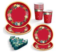 OH YEAH - Kit Vajilla Navidad 6 Personas Ornaments - 38 Piezas - Platos, Vasos, Servilletas Desechables - Decoración Mesa Navideña - Diseño Ornamentos y Flores - Celebraciones de Navidad