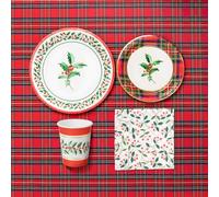 OH YEAH - Kit Vajilla Navidad 6 Personas Tartán - 50 Piezas - Platos, Vasos, y Servilletas Desechables - Temática Navideña - Cenas Navideñas, Reuniones Familiares y Fiestas de Fin de Año