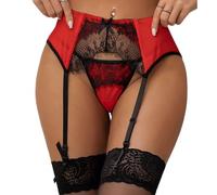 Oh Yeah Lover Braga Roja Sexy de Encaje Transparente con Cinturón de Liga Talla L-XL